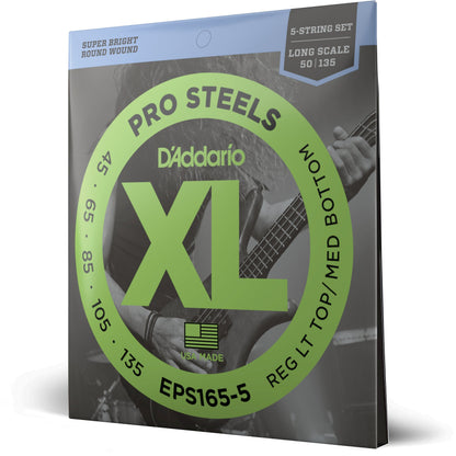 D'Addario EPS165-5 5-String ProSteels Bass Guitar Strings, Custom Light, 45-135, Long Scale