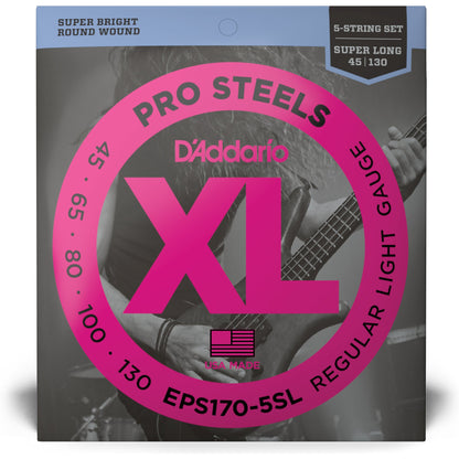 D'Addario EPS170-5SL 5-String ProSteels Bass Guitar Strings, Light, 45-130, Super Long Scale