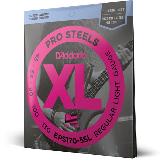 D'Addario EPS170-5SL 5-String ProSteels Bass Guitar Strings, Light, 45-130, Super Long Scale