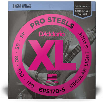 D'Addario EPS170-5 5-String ProSteels Bass Guitar Strings, Light, 45-130, Long Scale