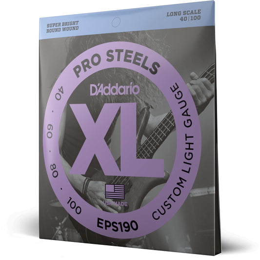 D'Addario EPS190 ProSteels Bass Guitar Strings, Custom Light, 40-100, Long Scale