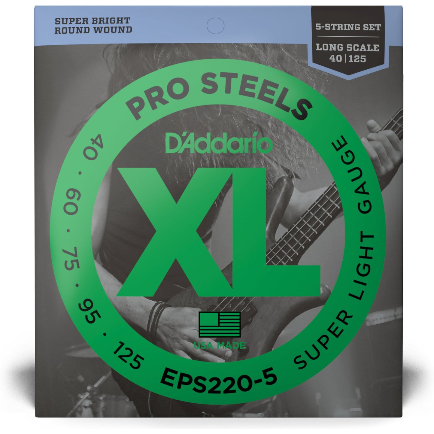 D'Addario EPS220-5 5-String ProSteels Bass Guitar Strings, Super Light, 40-125, Long Scale