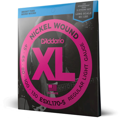 D'Addario ESXL170-5 Nickel Wound 5-String Bass Guitar Strings, Light, 45-130, Double Ball End, Long Scale