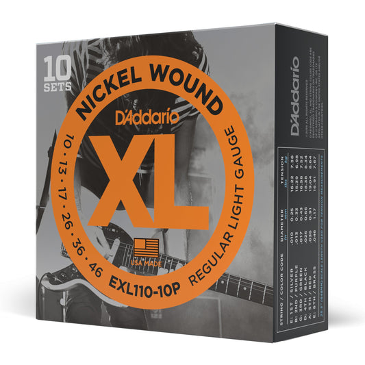 D'Addario EXL110-10P Nickel Wound Electric Guitar Strings, Regular Light, 10-46, 10 Sets