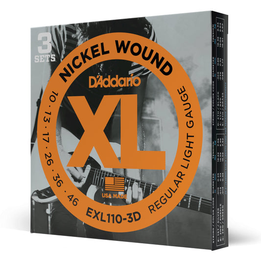 D'Addario EXL110-3D Nickel Wound Electric Guitar Strings, Regular Light, 10-46, 3 Sets