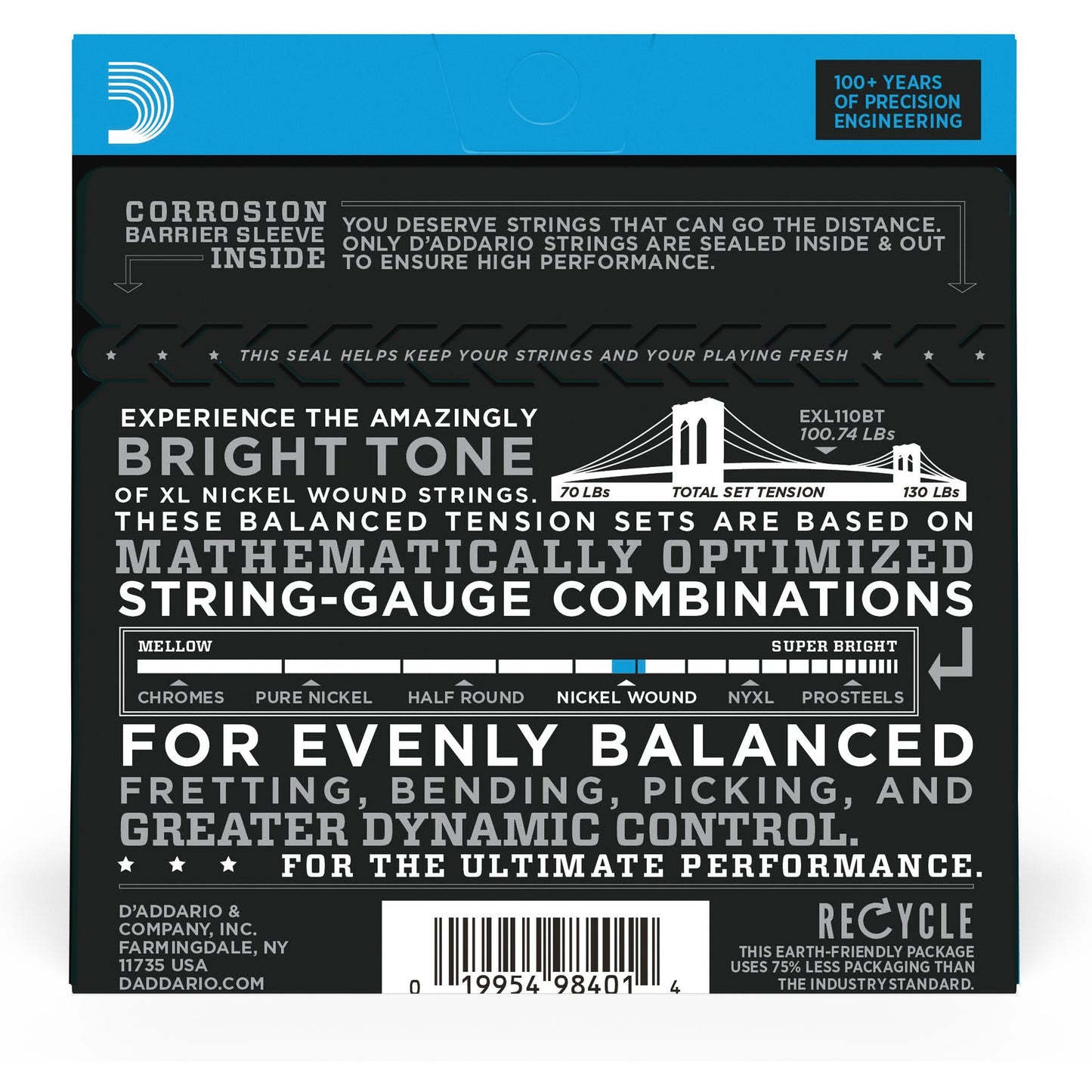 D'Addario EXL110BT Nickel Wound Electric Guitar Strings, Balanced Tension Regular Light, 10-46