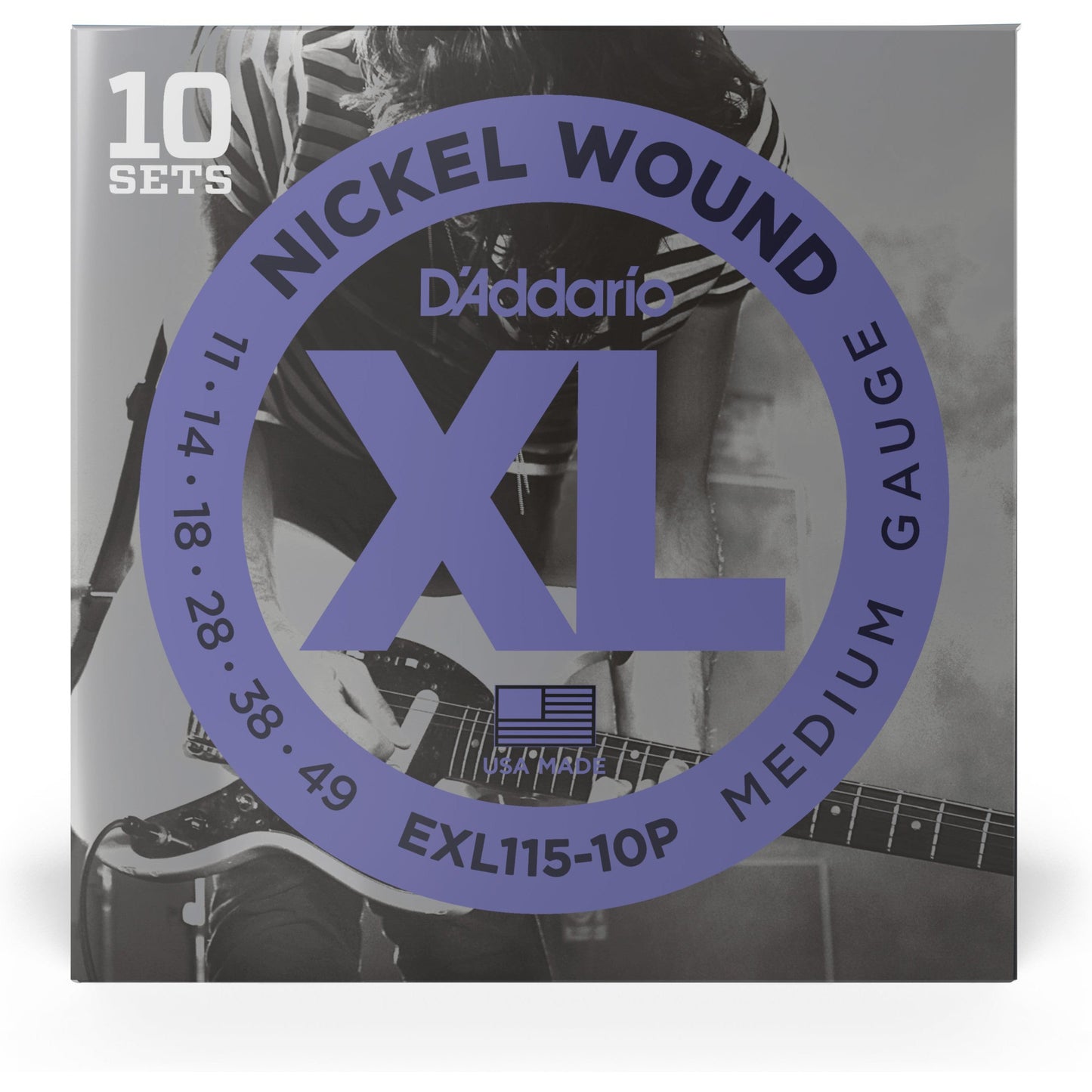 D'Addario EXL115-10P Nickel Wound Electric Guitar Strings, Medium/Blues-Jazz Rock, 11-49, 10 Sets