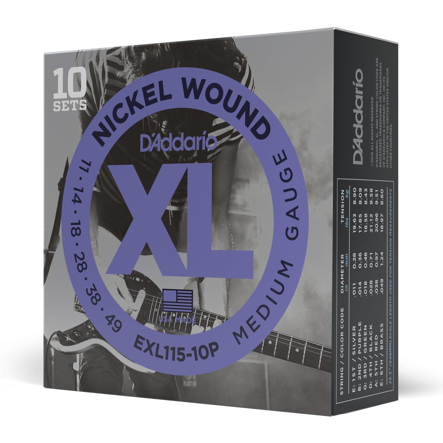 D'Addario EXL115-10P Nickel Wound Electric Guitar Strings, Medium/Blues-Jazz Rock, 11-49, 10 Sets