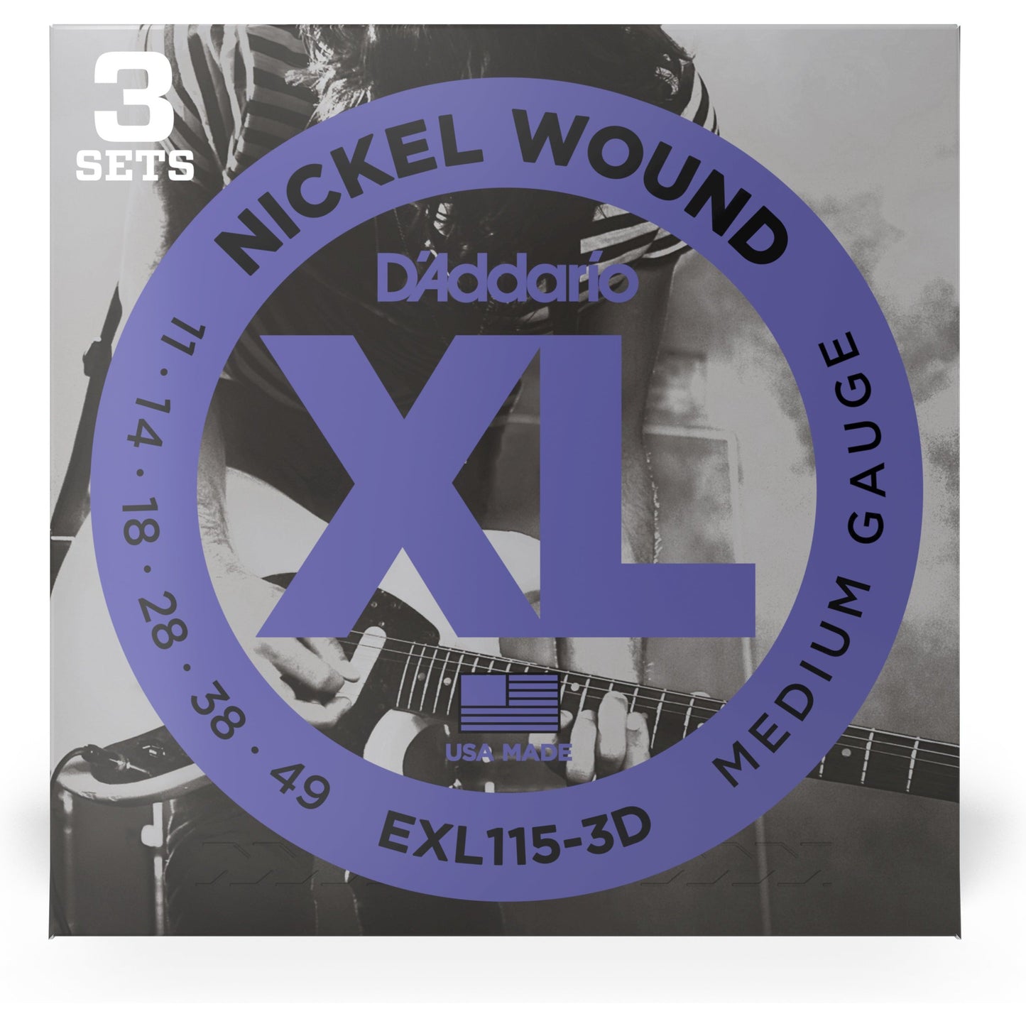 D'Addario EXL115-3D Nickel Wound Electric Guitar Strings, 3 Sets, Medium/Blues-Jazz Rock, 11-49, 3 Sets