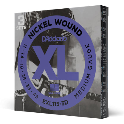 D'Addario EXL115-3D Nickel Wound Electric Guitar Strings, 3 Sets, Medium/Blues-Jazz Rock, 11-49, 3 Sets