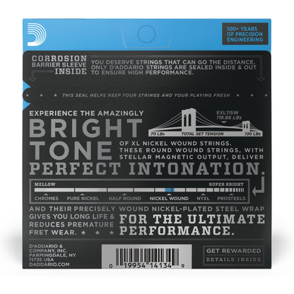 D'Addario EXL115w Nickel Wound Electric Guitar Strings, Medium/Blues-Jazz Rock, Wound 3rd, 11-49