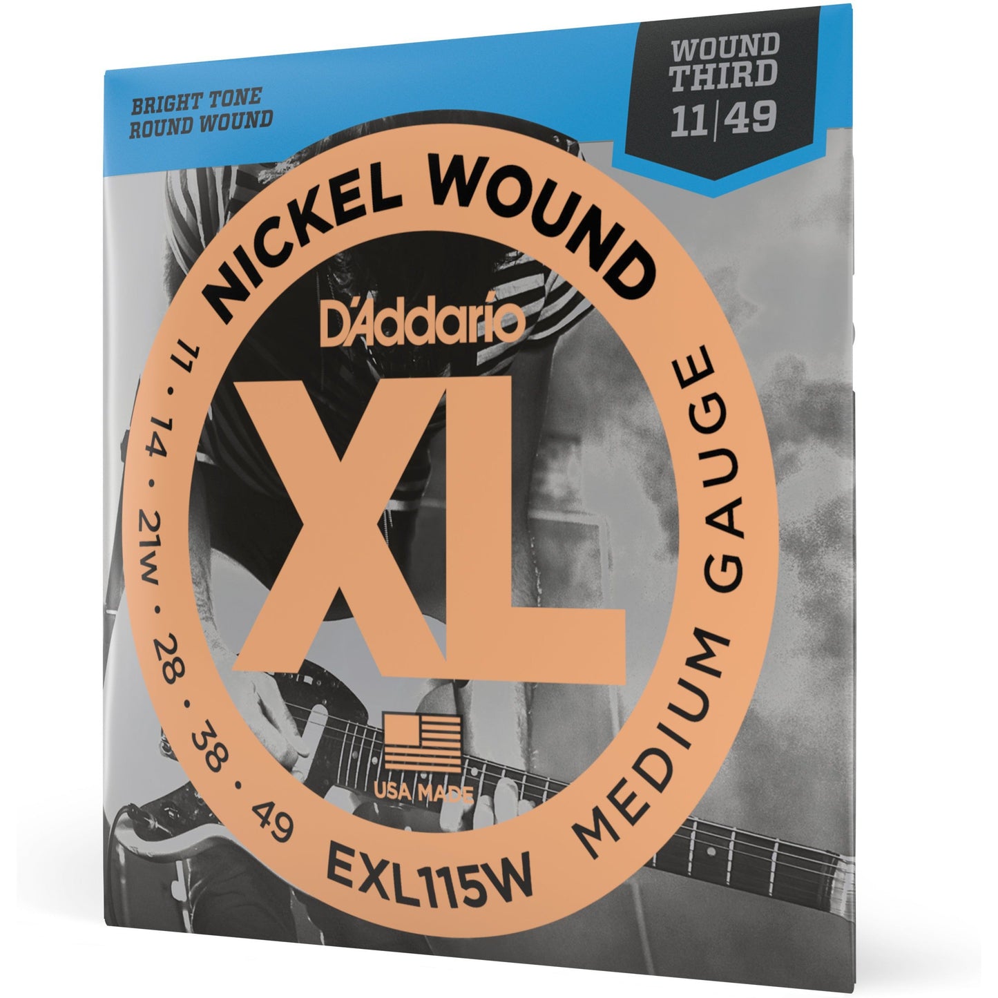 D'Addario EXL115w Nickel Wound Electric Guitar Strings, Medium/Blues-Jazz Rock, Wound 3rd, 11-49