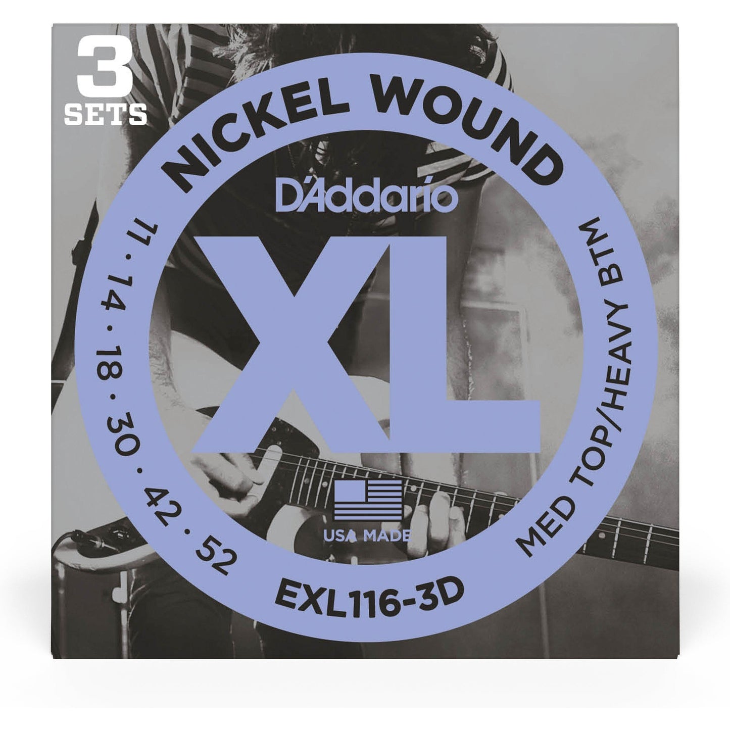 D'Addario EXL116-3D Nickel Wound Electric Guitar Strings, Medium Top/Heavy Bottom, 11-52, 3 Sets