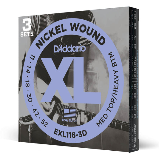 D'Addario EXL116-3D Nickel Wound Electric Guitar Strings, Medium Top/Heavy Bottom, 11-52, 3 Sets