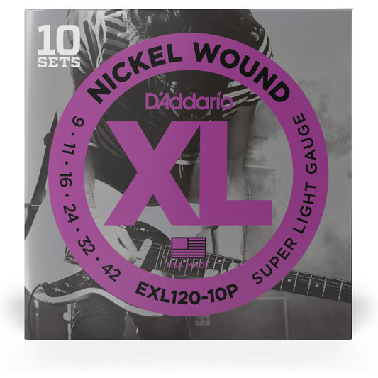 D'Addario EXL120-10P Nickel Wound Electric Guitar Strings, Super Light, 9-42, 10 Sets