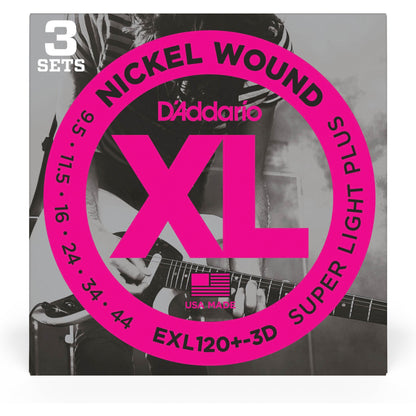 D'Addario EXL120+-3D Nickel Wound Electric Guitar Strings, Super Light Plus, 9.5-44, 3 Sets