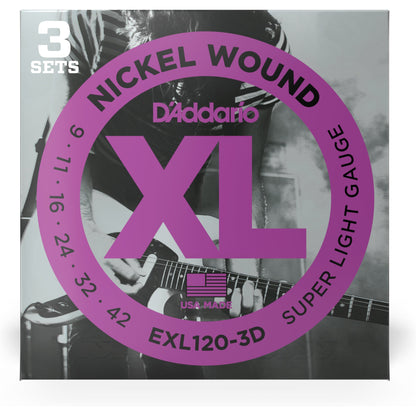 D'Addario EXL120-3D Nickel Wound Electric Guitar Strings, Super Light, 09-42, 3 Sets