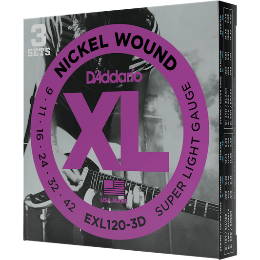 D'Addario XL Nickel Wound Electric Guitar Strings – Super Light – 9-42 (3 Pack)