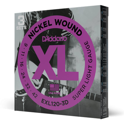 D'Addario EXL120-3D Nickel Wound Electric Guitar Strings, Super Light, 09-42, 3 Sets