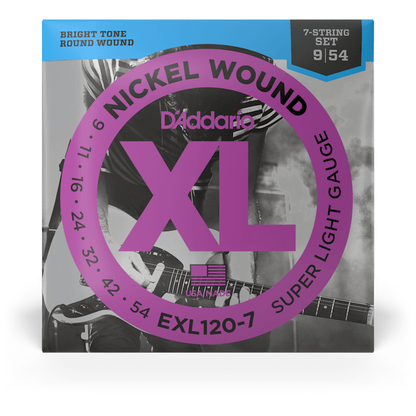 D'Addario XL Nickel Wound Electric Guitar Strings – 7 String – Super Light – 9-54
