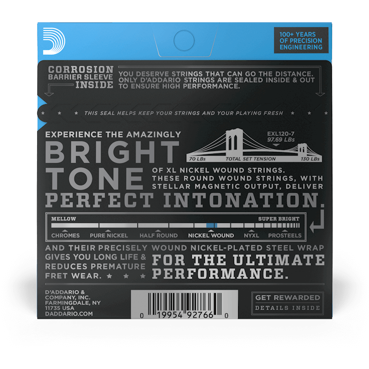 D'Addario XL Nickel Wound Electric Guitar Strings – 7 String – Super Light – 9-54