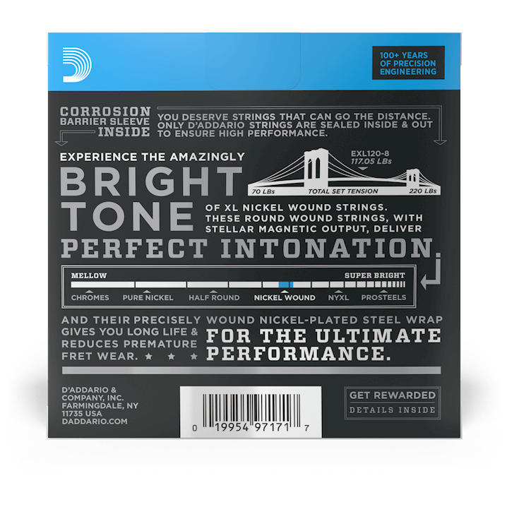 D'Addario XL Nickel Wound Electric Guitar Strings – 8 String – Super Light – 9-65