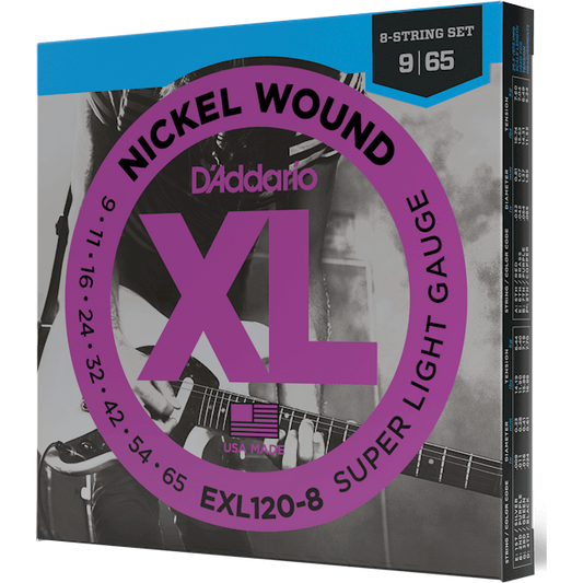 D'Addario XL Nickel Wound Electric Guitar Strings – 8 String – Super Light – 9-65