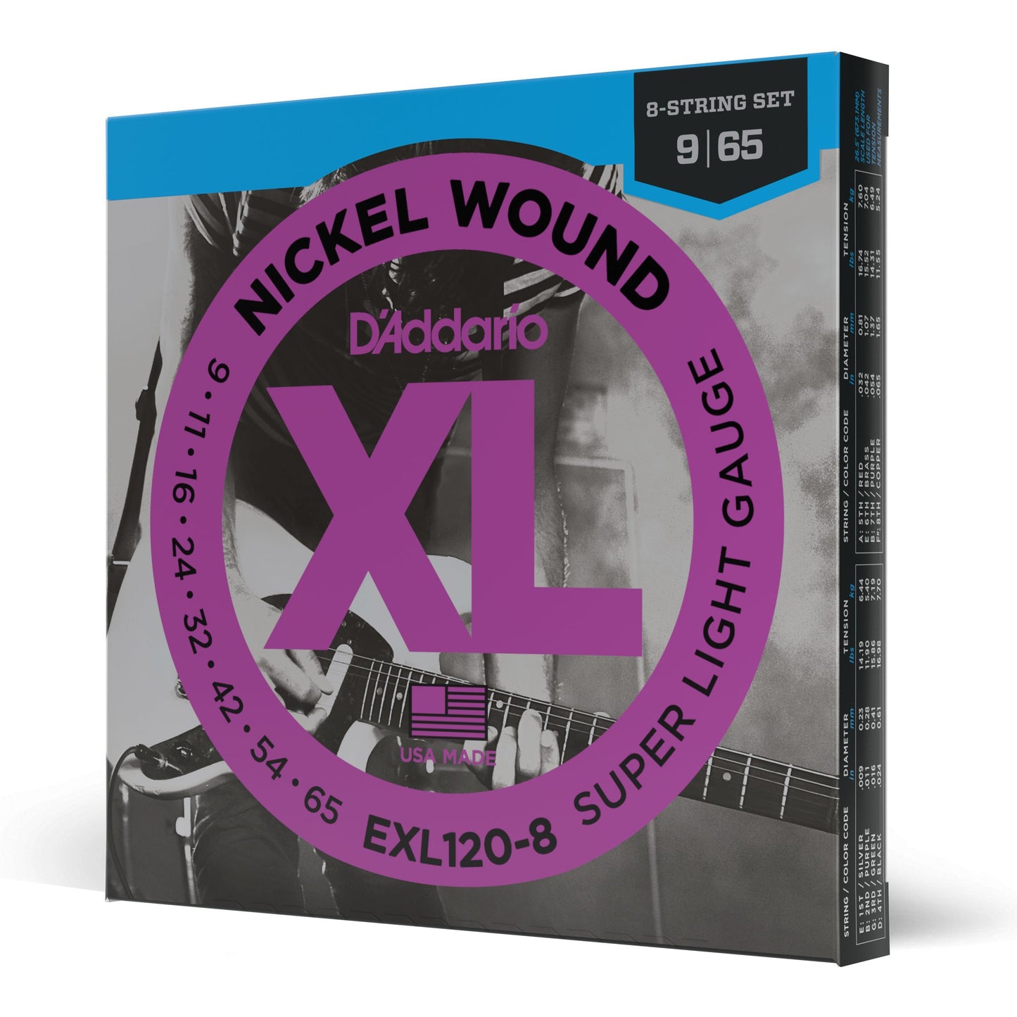 D'Addario EXL120-8 8-String Nickel Wound Electric Guitar Strings, Super Light, 09-65