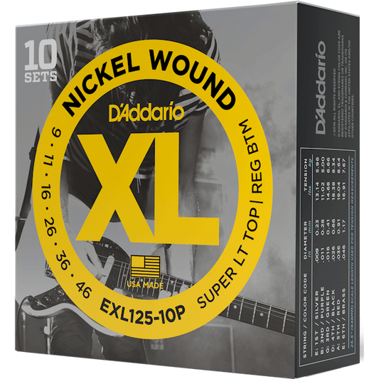 D'Addario XL Nickel Wound Electric Guitar Strings – Super Light Top/Regular Bottom – 9-46 (10 Pack)