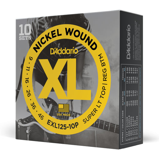 D'Addario EXL125-10P Nickel Wound Electric Guitar Strings, Super Light Top/Regular Bottom, 09-46, 10 Sets