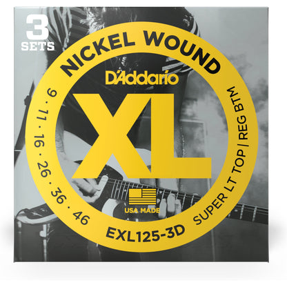 D'Addario EXL125-3D Nickel Wound Electric Guitar Strings, Super Light Top/Regular Bottom, 09-46, 3 Sets