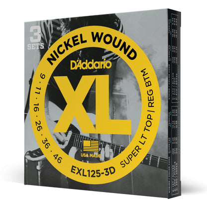 D'Addario EXL125-3D Nickel Wound Electric Guitar Strings, Super Light Top/Regular Bottom, 09-46, 3 Sets