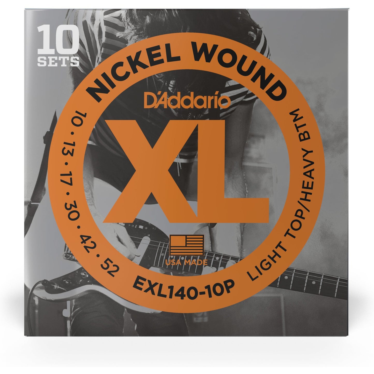 D'Addario EXL140-10P Nickel Wound Electric Guitar Strings, Light Top/Heavy Bottom, 10-52, 10 sets