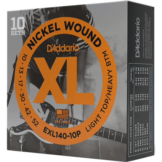 D'Addario XL Nickel Wound Electric Guitar Strings – Light Top/Heavy Bottom – 10-52 (10 Pack)