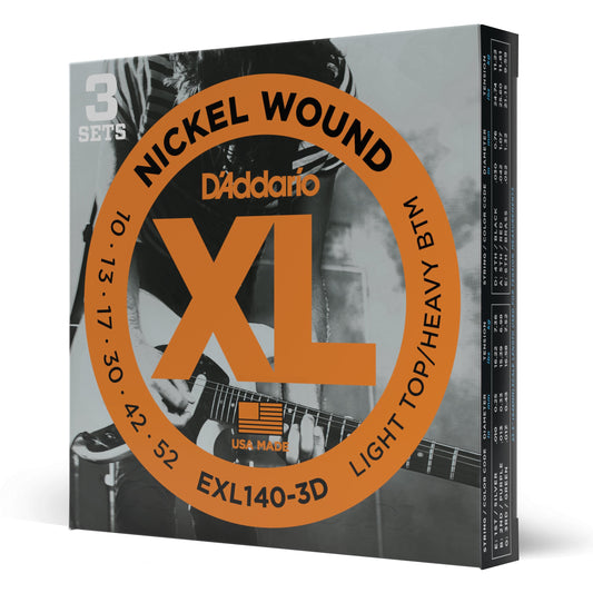 D'Addario EXL140-3D Nickel Wound Electric Guitar Strings, Light Top/Heavy Bottom, 10-52, 3 sets