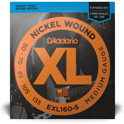 D'Addario EXL160-5 5-String Nickel Wound Bass Guitar Strings, Medium, 50-135, Long Scale