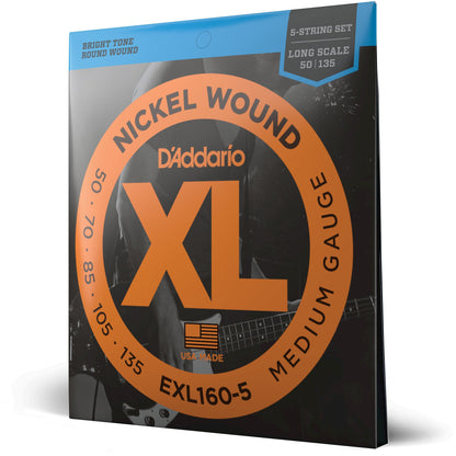 D'Addario EXL160-5 5-String Nickel Wound Bass Guitar Strings, Medium, 50-135, Long Scale