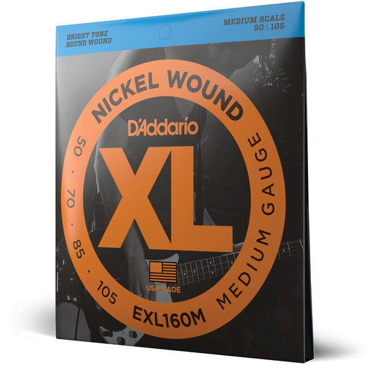 D'Addario EXL160M Nickel Wound Bass Guitar Strings, Medium, 50-105, Medium Scale