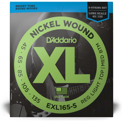 D'Addario EXL165 5-String Nickel Wound Bass Guitar Strings, Custom Light, 45-135, Long Scale