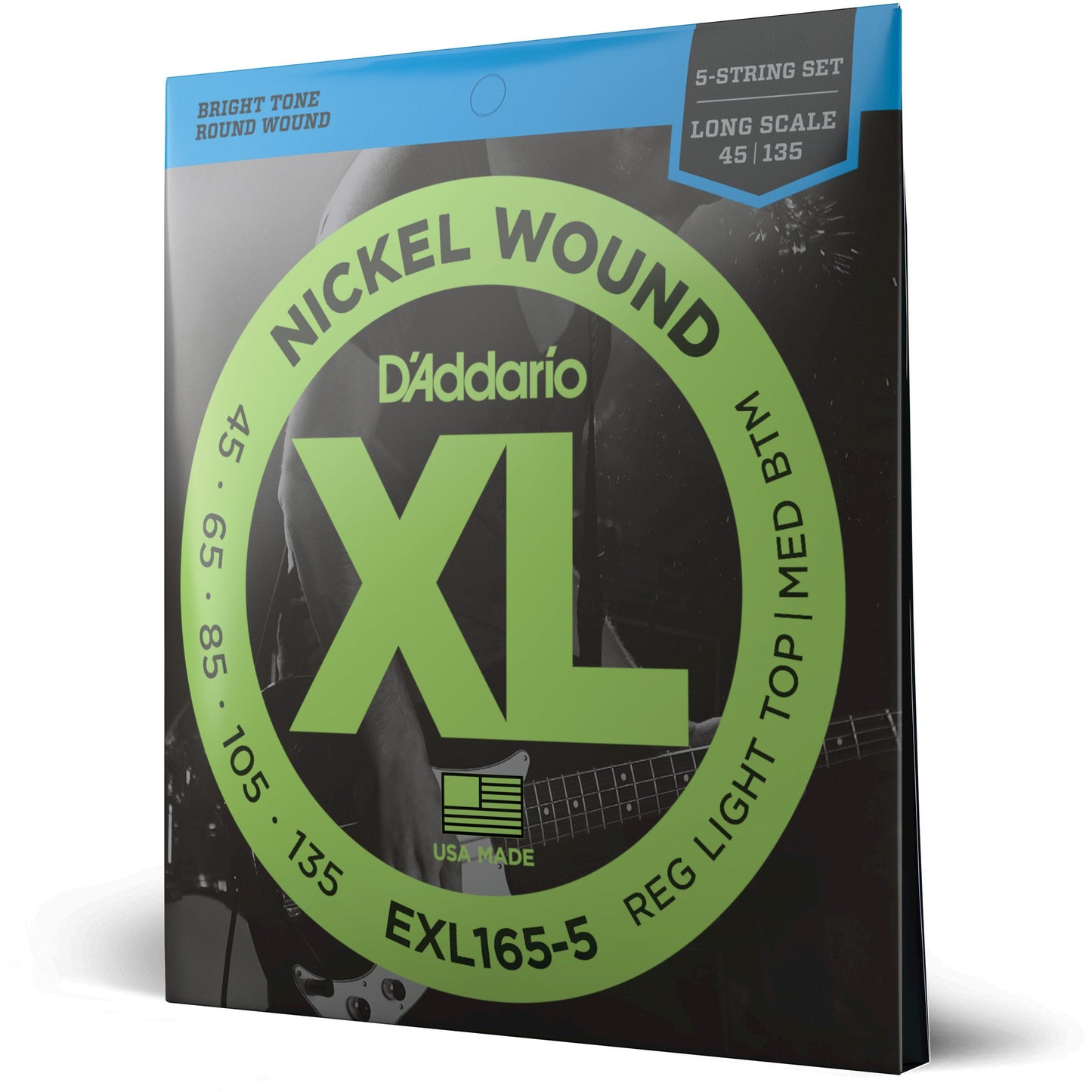 D'Addario EXL165 5-String Nickel Wound Bass Guitar Strings, Custom Light, 45-135, Long Scale