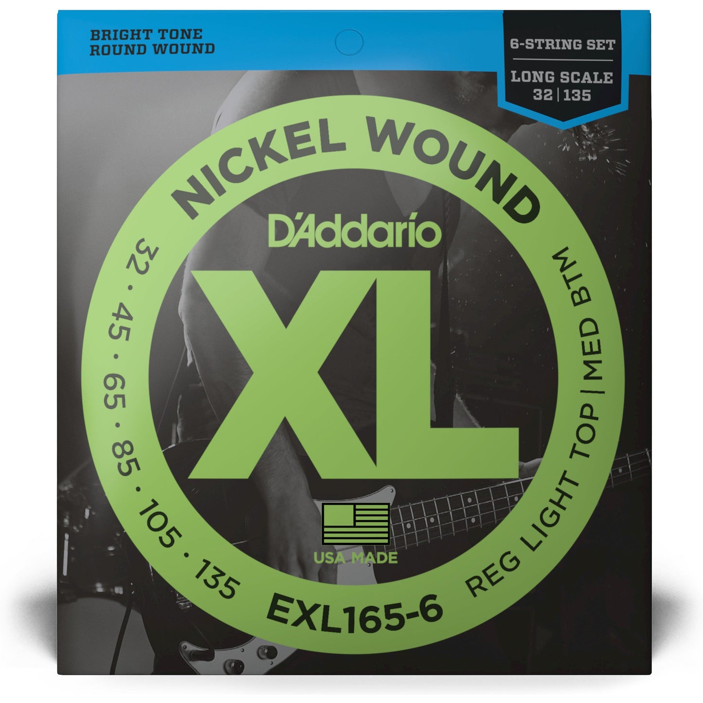 D'Addario EXL165-6 6-String Nickel Wound Bass Guitar Strings, Custom Light, 32-135, Long Scale