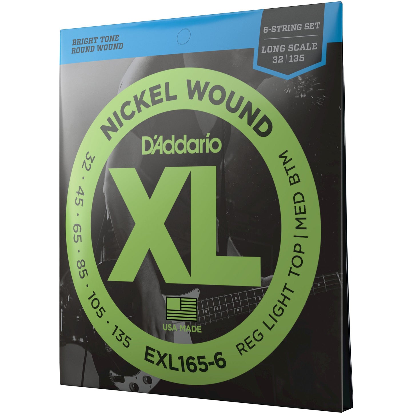 D'Addario EXL165-6 6-String Nickel Wound Bass Guitar Strings, Custom Light, 32-135, Long Scale