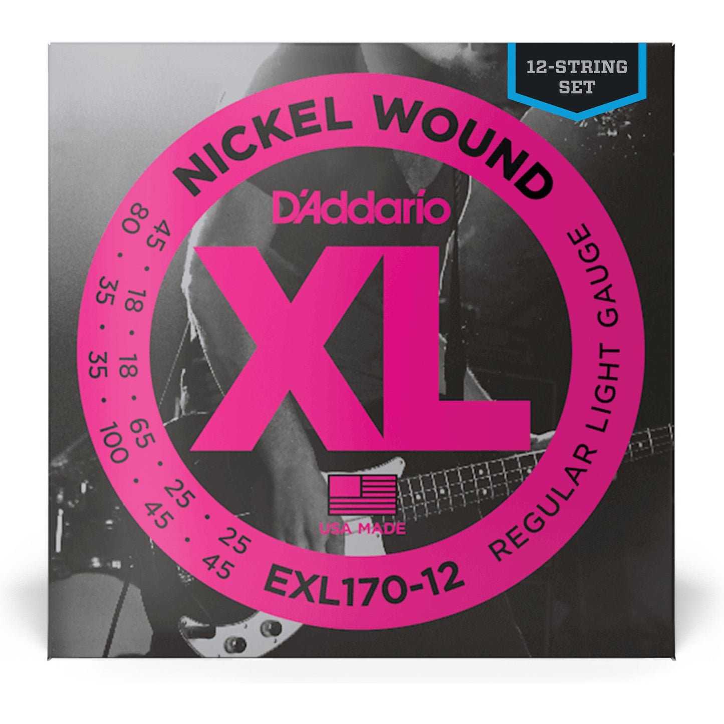 D'Addario EXL170-12 Nickel Wound Bass Guitar Strings, Light, 18-45