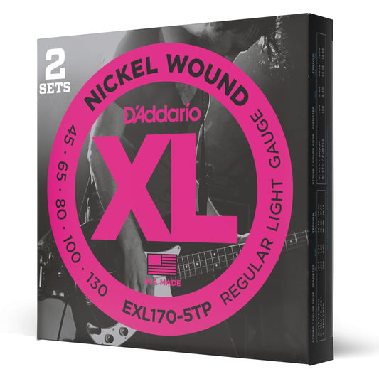 D'Addario EXL170-5TP Nickel Wound Bass Guitar Strings, Light, 45-130, 2 Sets, Long Scale