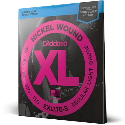 D'Addario EXL170-5 5-String Nickel Wound Bass Guitar Strings, Light, 45-130, Long Scale