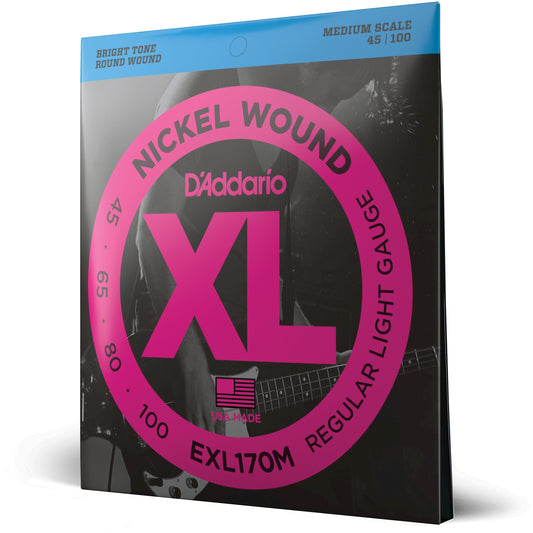 D'Addario EXL170M Nickel Wound Bass Guitar Strings, Light, 45-100, Medium Scale