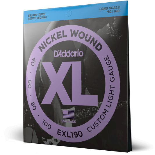 D'Addario EXL190 Nickel Wound Bass Guitar Strings, Custom Light, 40-100, Long Scale