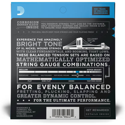 D'Addario EXL220BT Nickel Wound Bass Guitar Strings, Balanced Tension Super Light, 40-95, Long Scale