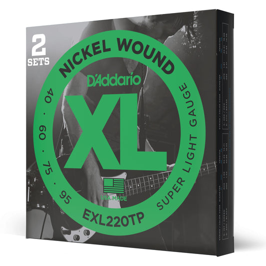 D'Addario EXL220TP Nickel Wound Bass Guitar Strings, Super Light, 40-95, 2 Sets, Long Scale