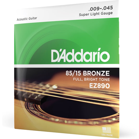 D'Addario EZ890 85/15 Bronze Acoustic Guitar Strings, Super Light, 9-45